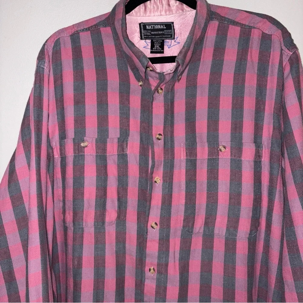 Vintage National Outfitters Flannel Shirt 2XL Pink Gray American Edition - Picture 2 of 7